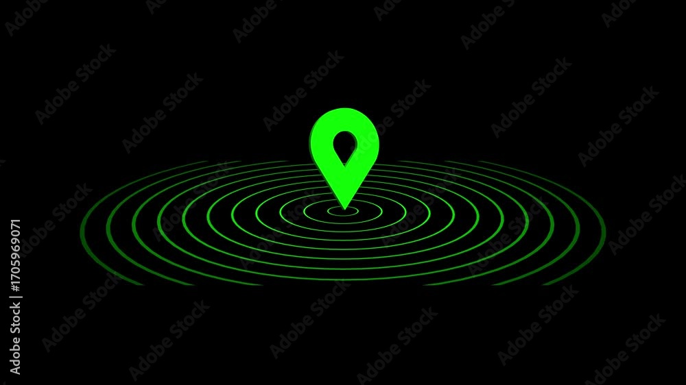 Poster gps location pointer with radio wave animation. pin pointer with radio wave targeting. location icon