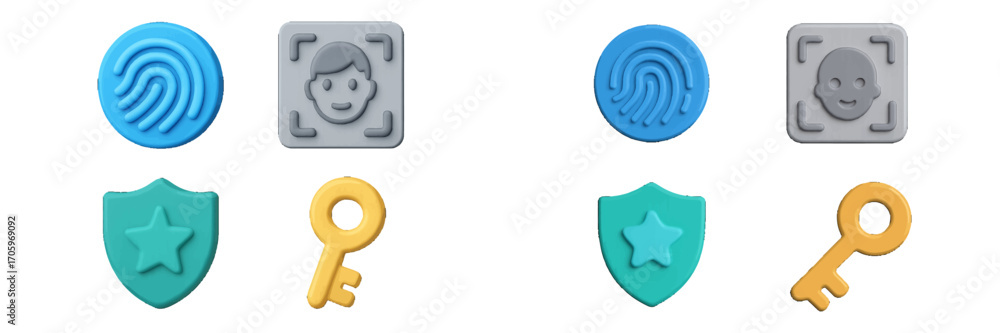 Poster 3d security icon set with fingerprint scanner, face recognition, shield, and key for biometric authe