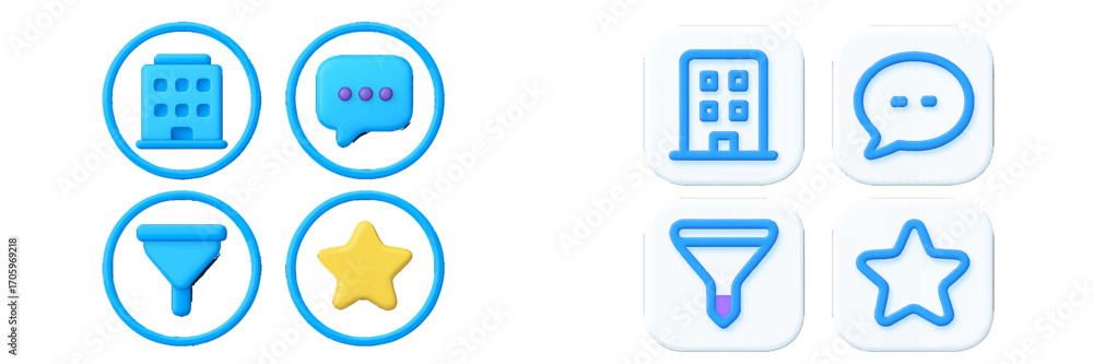 Poster 3d user interface icon set with building, chat bubble, filter, and star symbols for web and mobile a