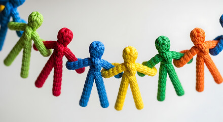 Colorful crocheted figures holding hands in a chain, symbolizing unity, community, and diverse teamwork