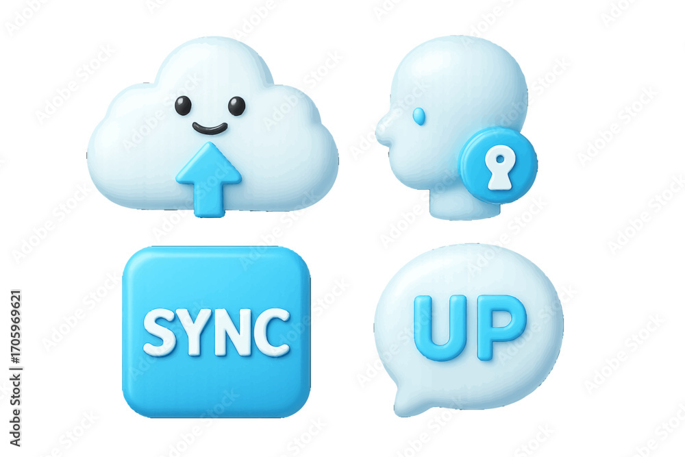 Poster set of 3d icons for cloud computing, data sync, secure user profile, and communication app interface