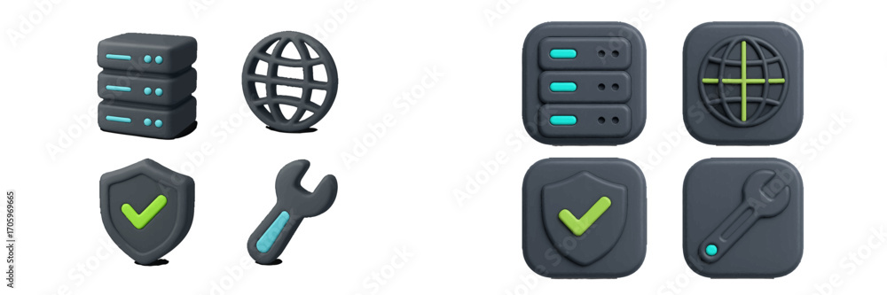 Poster modern 3d icon set for web technology and data security with server, network globe, shield, and sett