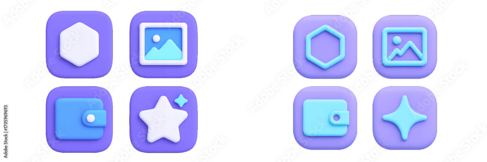 Aufkleber collection of 3d user interface icons for mobile app and web design including wallet, gallery, star,