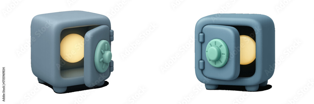 Poster 3d safe box icon set with open and closed views for financial security and data protection concepts 
