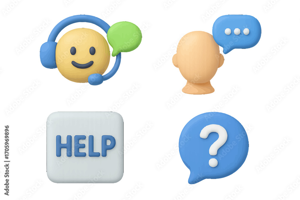 Poster 3d icon set for customer service and technical support with headset operator, help button, and quest