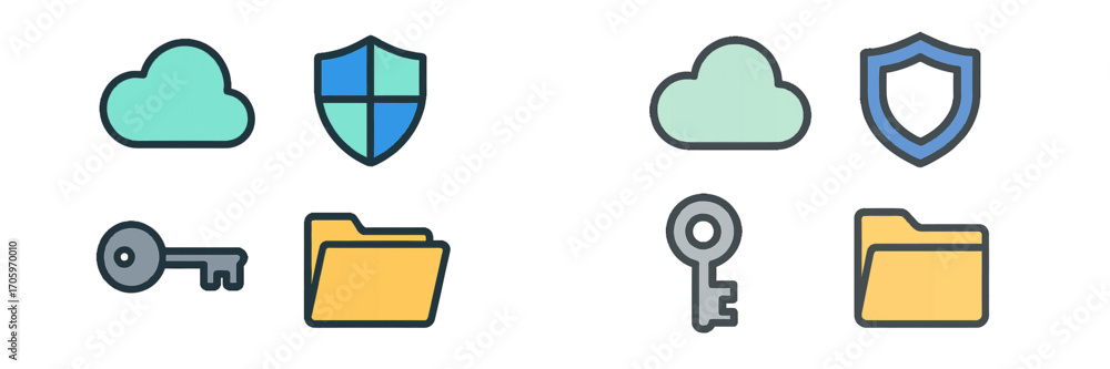 Poster cloud computing security icon set with shield, key, and folder symbols for data protection and onlin