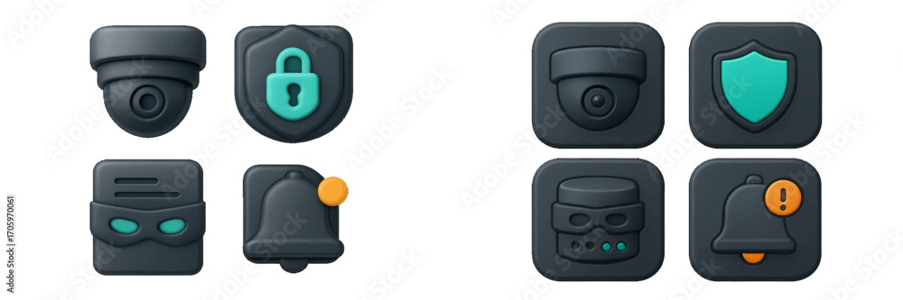 Poster 3d security icon set with surveillance camera, privacy shield, incognito mode, and notification bell