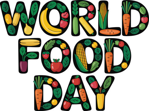 Vibrant "World Food Day" text art crafted from fresh, colorful fruits and vegetables.