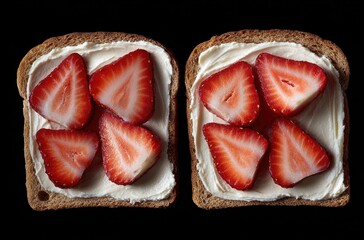 Two slices of whole wheat toast topped with creamy spread and fresh strawberry halves, presented against a stark black background