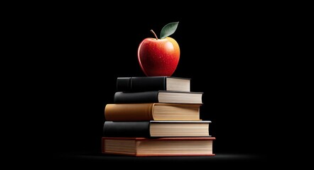 A stack of books with an apple on top against a stark black background, suggesting knowledge, education, and learning