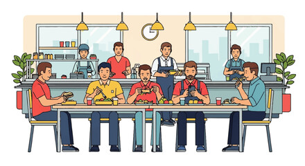 Illustration of people eating at a restaurant with staff serving food.