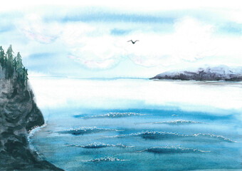 A light watercolor landscape in pastel natural tones. Atmosphere of relaxation. Slow life. Cozy wallpaper with the forest on the seashore and birds in the cloudy sky. Panorama of amazing northern sea.