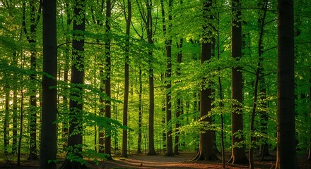 Naklejka premium Sunlit Path Through Lush Green Forest.