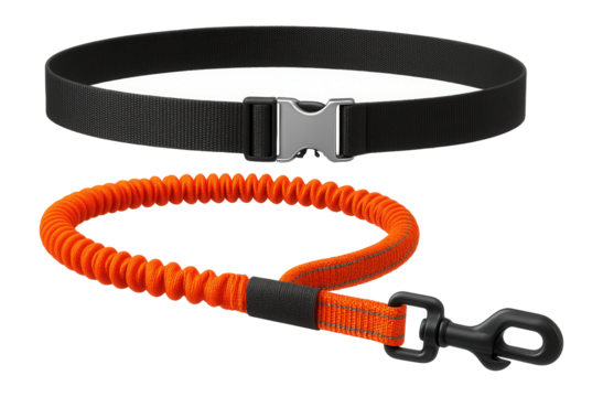 A hands-free leash with an adjustable belt for jogging with a pet around a neighborhood.