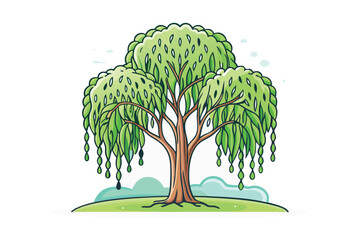 Whimsical Weeping Willow Illustration A Cartoon Style Tree with Graceful Branches and Vibrant Green Leaves on a Hill
