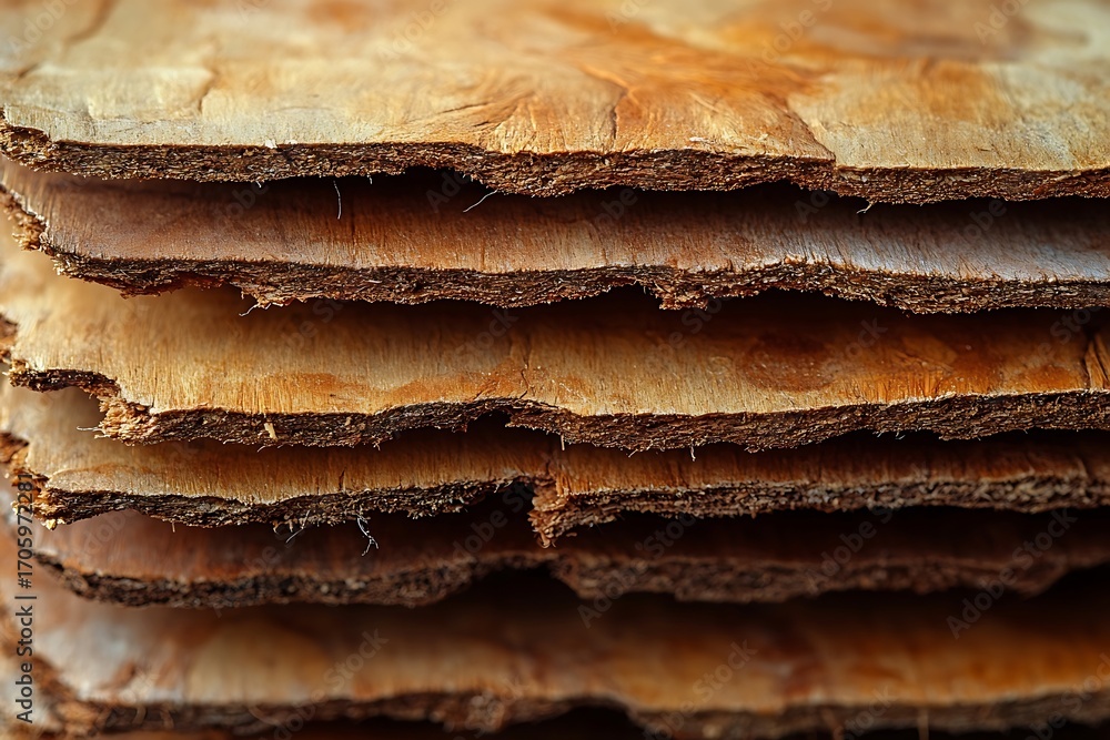 Poster closeup of stacked tree bark layers with rough edges and textured surface