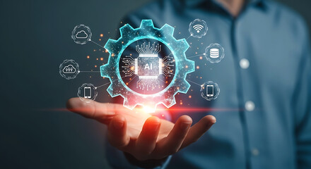 Artificial intelligence and technology concept man holding digital gear with AI chip and cloud icons