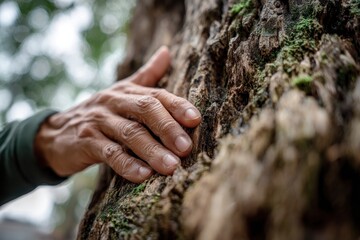 Close-up hand touching rough tree bark (1)