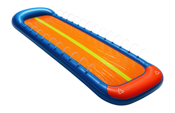 Inflatable slip-and-slide with water sprayers for residential lawns