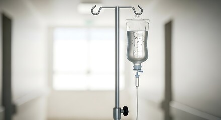 Naklejka premium Medical Iv Fluid Drip Hanging in Hospital Corridor with Bright Lighting