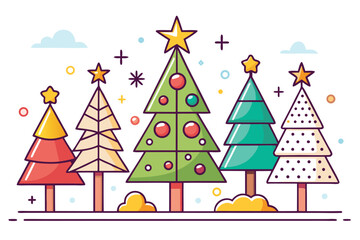Festive Christmas Tree Collection A Whimsical Holiday Forest with Stars Ornaments and Playful Decorations Featuring Cartoon Style Colorful and Merry Elements