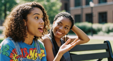 A smiling young woman in overalls and her friend in braids talk animatedly on a sunlit bench, a candid and joyful moment of friendship with retro style.