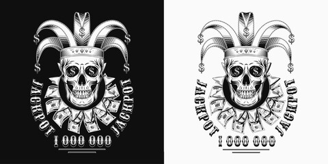 Label with joker skull in jester hat with golden dollar signs, text. Under skull is frill, jabot made with 100 dollar bills and carnival pennants. Concept of luck, win jackpot. Gambling, casino theme