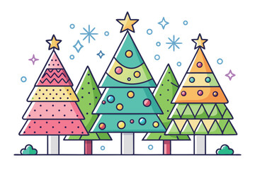 Festive Christmas Tree Lineup Whimsical Holiday Season Celebration with Colorful Decorations and Sparkling Snowflakes for Joyful Winter Greetings