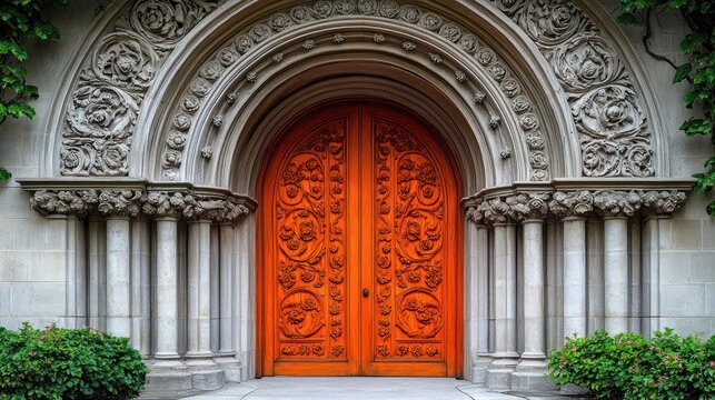 Ornate archway with vibrant orange doors