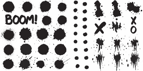 Collection of black ink splatters paint splashes and hand drawn boom text and x o symbols