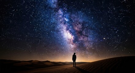 Silhouette of a person stargazing at the brilliant Milky Way galaxy from a desert sand dune. Concept of wonder, exploration, and the vastness of the universe.