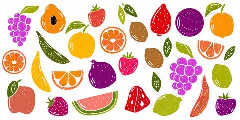 Vibrant hand drawn assortment of fresh fruits and leaves on white background