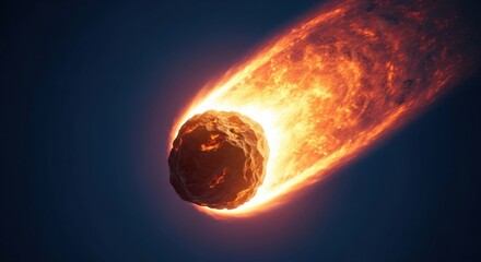 Close-up of a large asteroid or meteor burning with a fiery, turbulent tail as it hurtles through space. 3D render of a celestial object and impending impact.