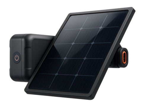 Rechargeable lithium-ion battery pack with solar panel attachment for off-grid adventures - Powered by Adobe