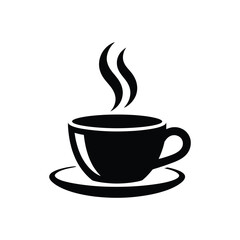 Steaming hot coffee cup icon with saucer