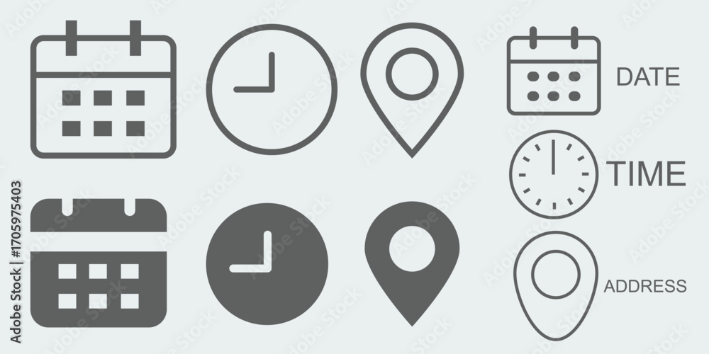 Poster time, date and address yellow line ,flat icons set. event calendar reminder clock business schedule 