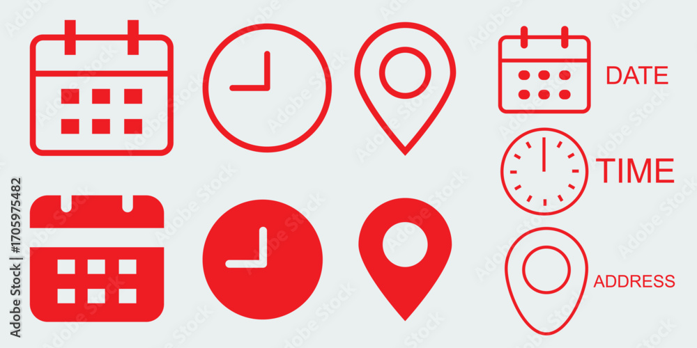 Poster time, date and address yellow line ,flat icons set. event calendar reminder clock business schedule 