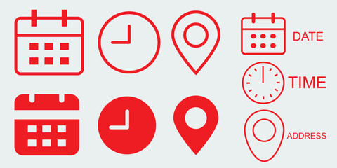 Time, date and address yellow line ,flat icons set. Event calendar reminder clock business schedule sign, location pin symbol, place pointer time map element vector isolated on transparent background.