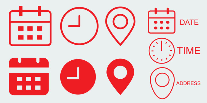 Time, date and address yellow line ,flat icons set. Event calendar reminder clock business schedule sign, location pin symbol, place pointer time map element vector isolated on transparent background.