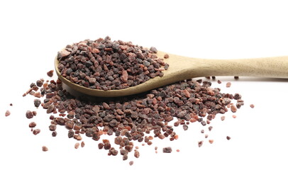 Close up pile black salt or Kala Namak in wooden spoon isolated on white background, side view
