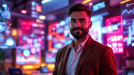 Confident stock trader analyzing financial data on dynamic screens in vibrant, modern office - Powered by Adobe