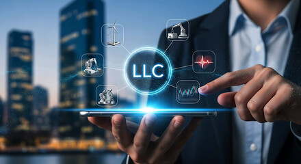 LLC formation and innovation concept with business person using smartphone and city background at dusk