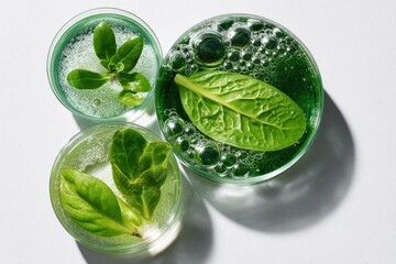 Obraz premium Three petri dishes containing water and various green leaves, shot from above against a white background, with bubbles forming in one dish