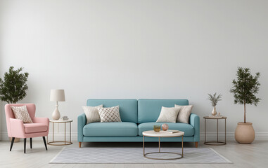 Minimalist Modern Living Room with Pastel Blue Sofa, Pink Armchair, and Smooth White Wall Background