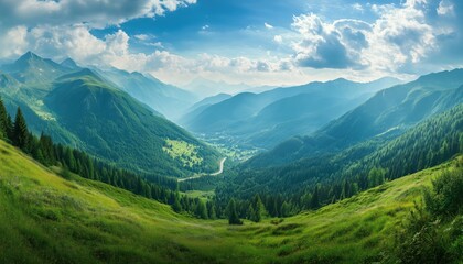Obraz premium Breathtaking Summer Views: Panoramic Mountain Valley With Majestic Range, Endless Road, And Stunning Nature, An Idyllic Summer In The Mountains.