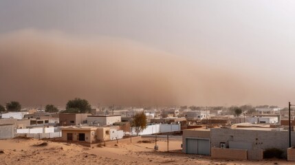 Abandoned town in desert during sandstorm, showcasing climate impact and desolation. scene evokes sense of isolation and power of nature elements