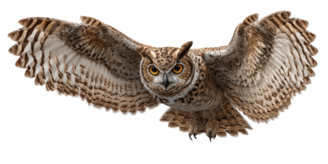 Realistic digital illustration of owl in flight showcases its detailed feathers and intense gaze, capturing essence of this majestic bird