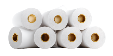 Seven large rolls of white paper are stacked in pyramid formation, showcasing their smooth texture and cylindrical shape. rolls have central brown core, adding contrast to pristine white paper