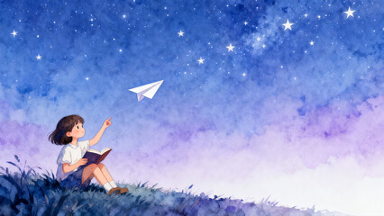 Girl Flying Paper Airplane under Starry Night