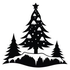 Obraz premium Winter Holiday Scene with Decorated Christmas Tree and Snowy Landscape Silhouette Vector Graphic for Festive Designs and Celebrations